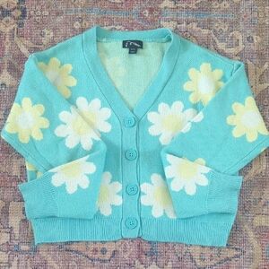 Floral Knit Cardigan Sweater - Blue and Yellow